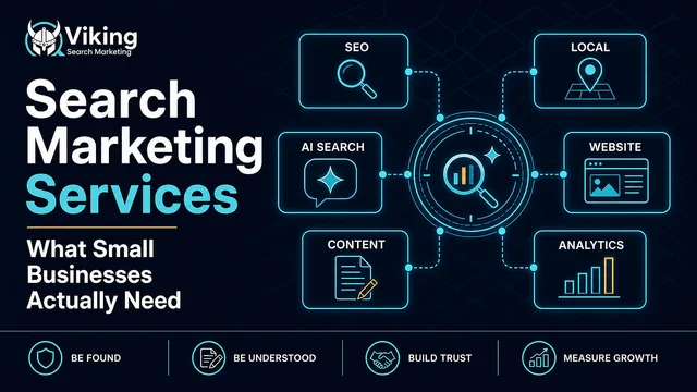Viking Search Marketing infographic showing SEO, local search, AI search, website, content, and analytics services for small businesses.
