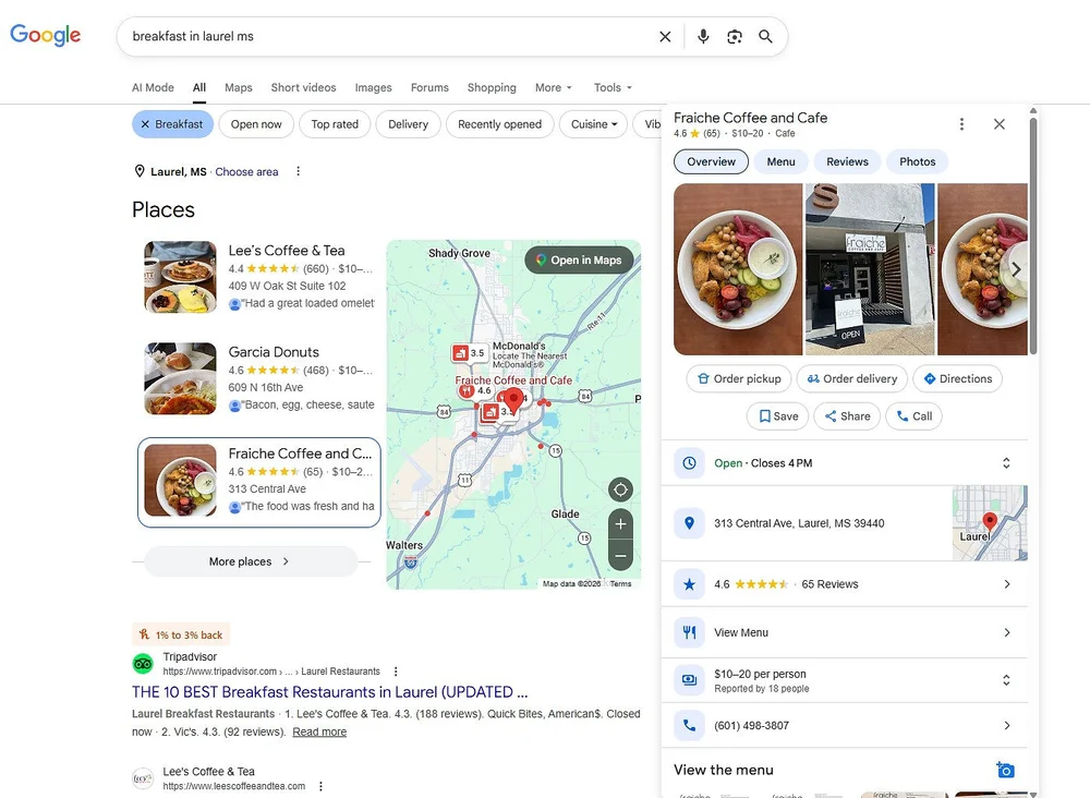 Close-up view of a smartphone showing a Google Maps listing for a local restaurant