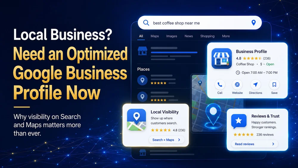 Ad graphic for Google Business Profile: local coffee shop search results, map, ratings, and call, website, directions cards.