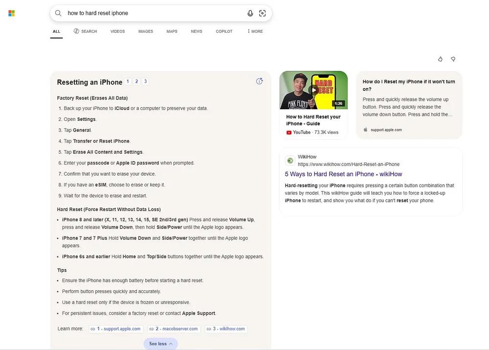 Bing search results for how to hard reset iPhone, showing reset steps, Apple support help, and a YouTube guide.