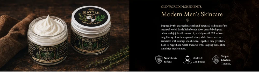 Battle Balm product section pairing jar photography with ingredient and positioning information.