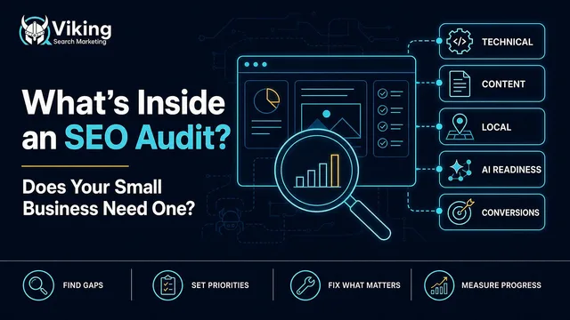 Viking Search Marketing infographic showing technical, content, local, AI readiness, and conversion components of a small business SEO audit.