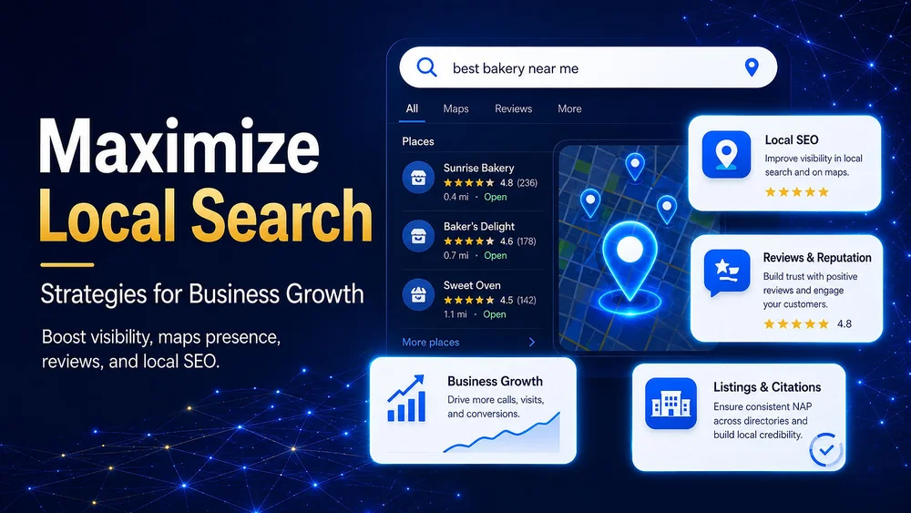Maximize Local Search graphic with bakery search results, map pins, and cards for Local SEO, Reviews, Business Growth, Listings.