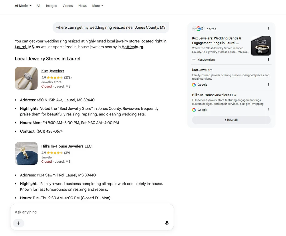 Google search results for wedding ring resizing near Jones County, MS, showing Laurel jewelry stores, ratings, hours, and addresses.