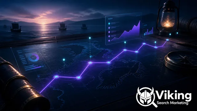 Viking Search Marketing illustration of a glowing AI search visibility graph plotted across a nautical navigation chart, with a high-contrast white Viking Search Marketing logo