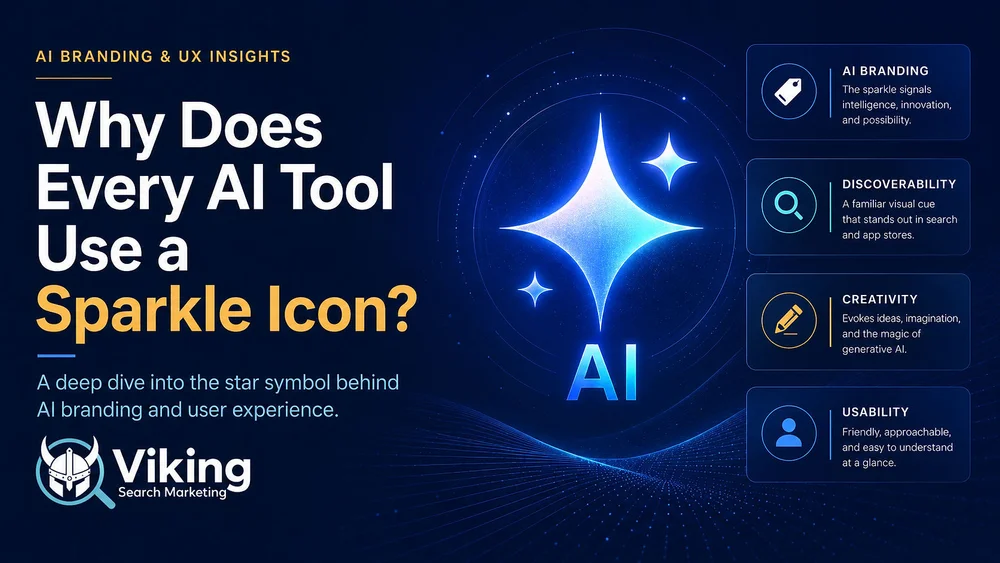 Dark blue AI branding infographic with glowing sparkle icon, headline Why Does Every AI Tool Use a Sparkle Icon?, and four callouts.