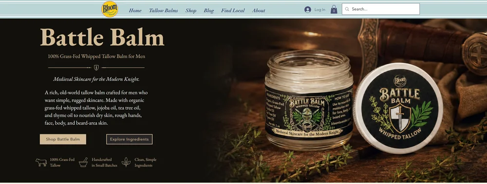 Battle Balm landing-page hero with the product jar, product description and shopping links.