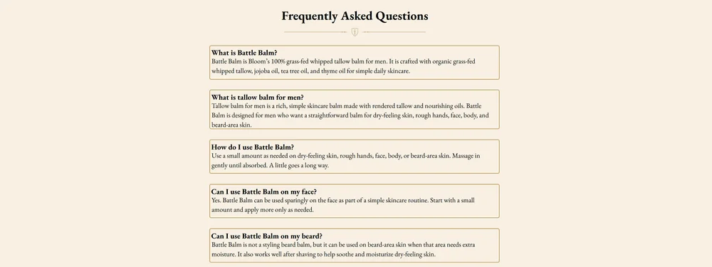 Battle Balm FAQ section answering questions about the product and its intended use.