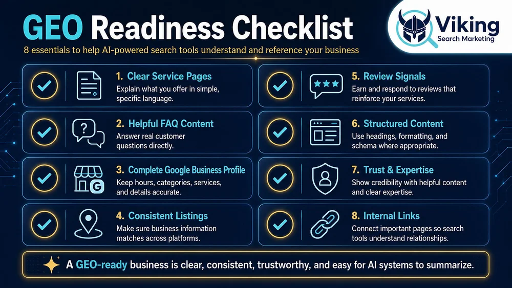 Infographic titled GEO Readiness Checklist with 8 SEO tips and Viking Search Marketing logo on a dark blue background.