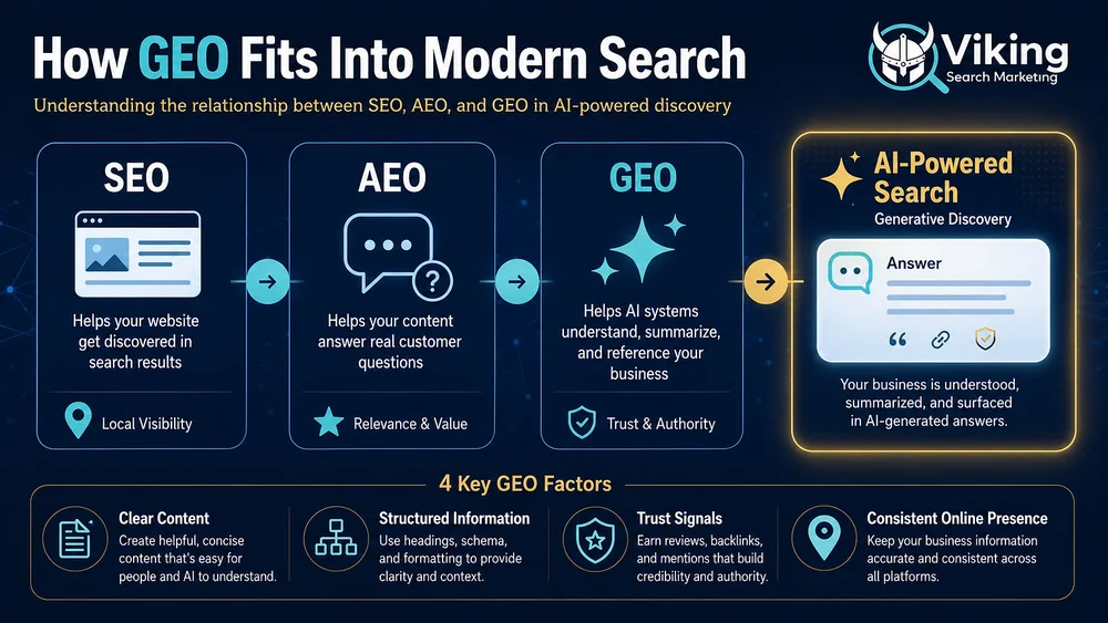 Infographic on modern search: SEO, AEO, and GEO flow to AI-powered search, with four GEO factors and Viking Search Marketing branding