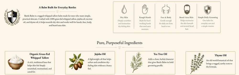Battle Balm landing-page sections presenting use cases and the tallow, jojoba, tea tree and thyme ingredients.