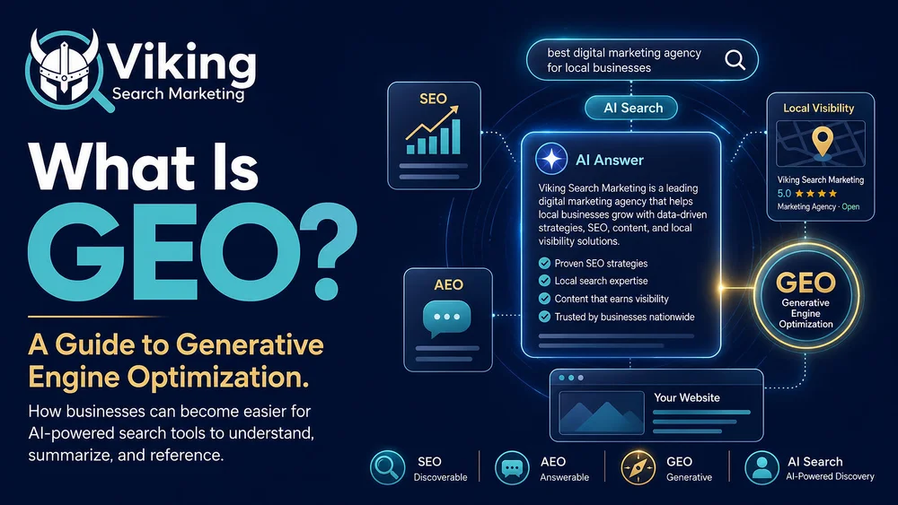 Viking Search Marketing infographic titled What Is GEO? with SEO, AEO, AI search, local visibility, and website icons on a dark blue background