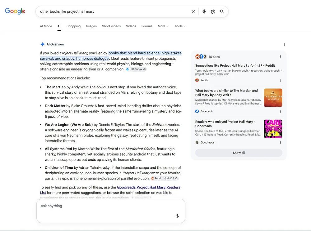 Google search results for other books like Project Hail Mary, showing AI Overview recommendations and book covers on the right.