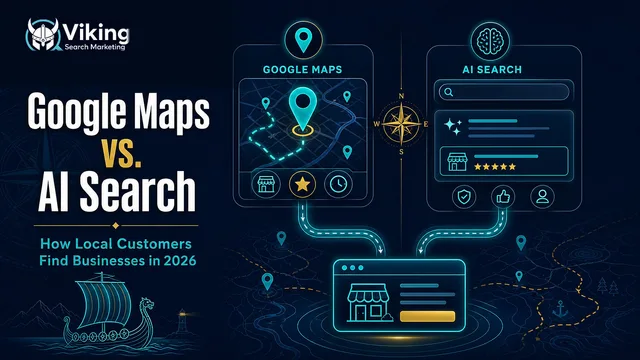 Viking Search Marketing blog cover comparing Google Maps and AI Search for local business visibility in 2026.