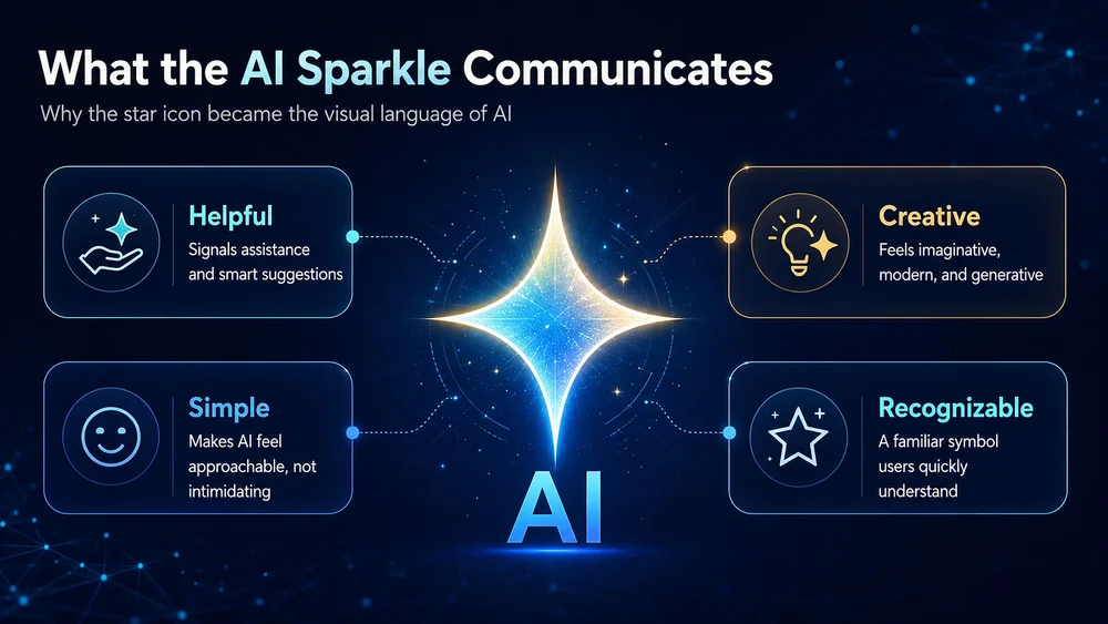 Infographic titled What the AI Sparkle Communicates, with glowing star AI icon and labels: Helpful, Simple, Creative, Recognizable.
