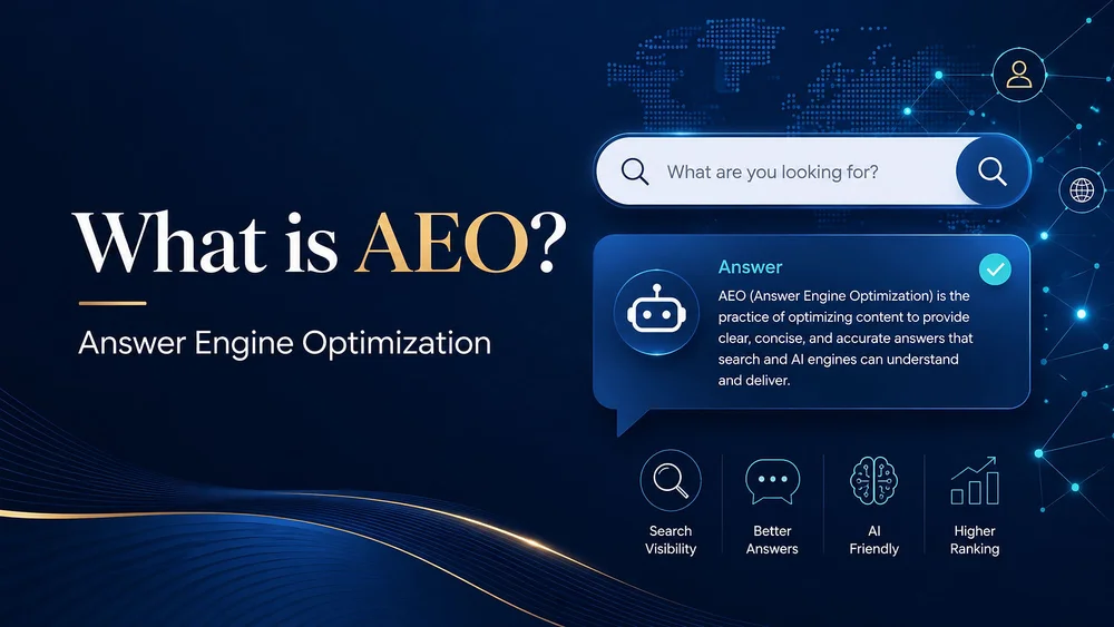 AEO infographic on dark blue tech background with search bar, answer bubble, and icons for visibility, AI friendly, ranking.