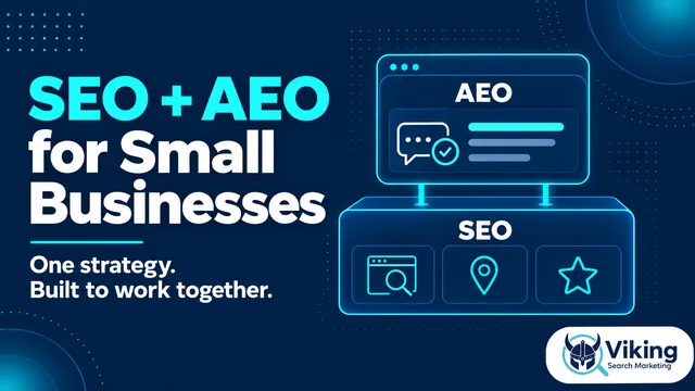 Viking Search Marketing infographic showing SEO and AEO icons merging into one combined strategy for small business search visibility.