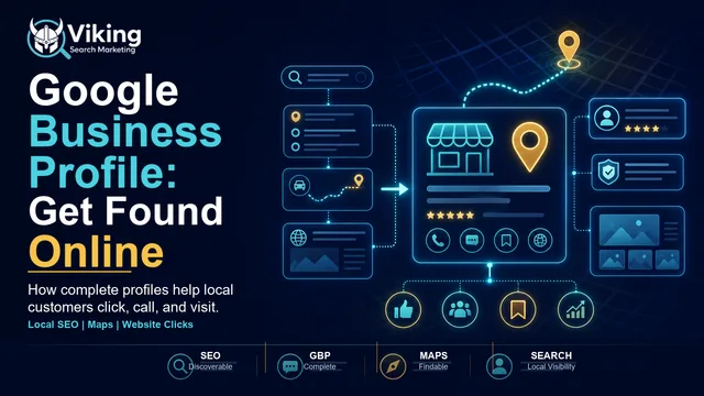 Viking Search Marketing graphic explaining how a Google Business Profile helps customers get found online